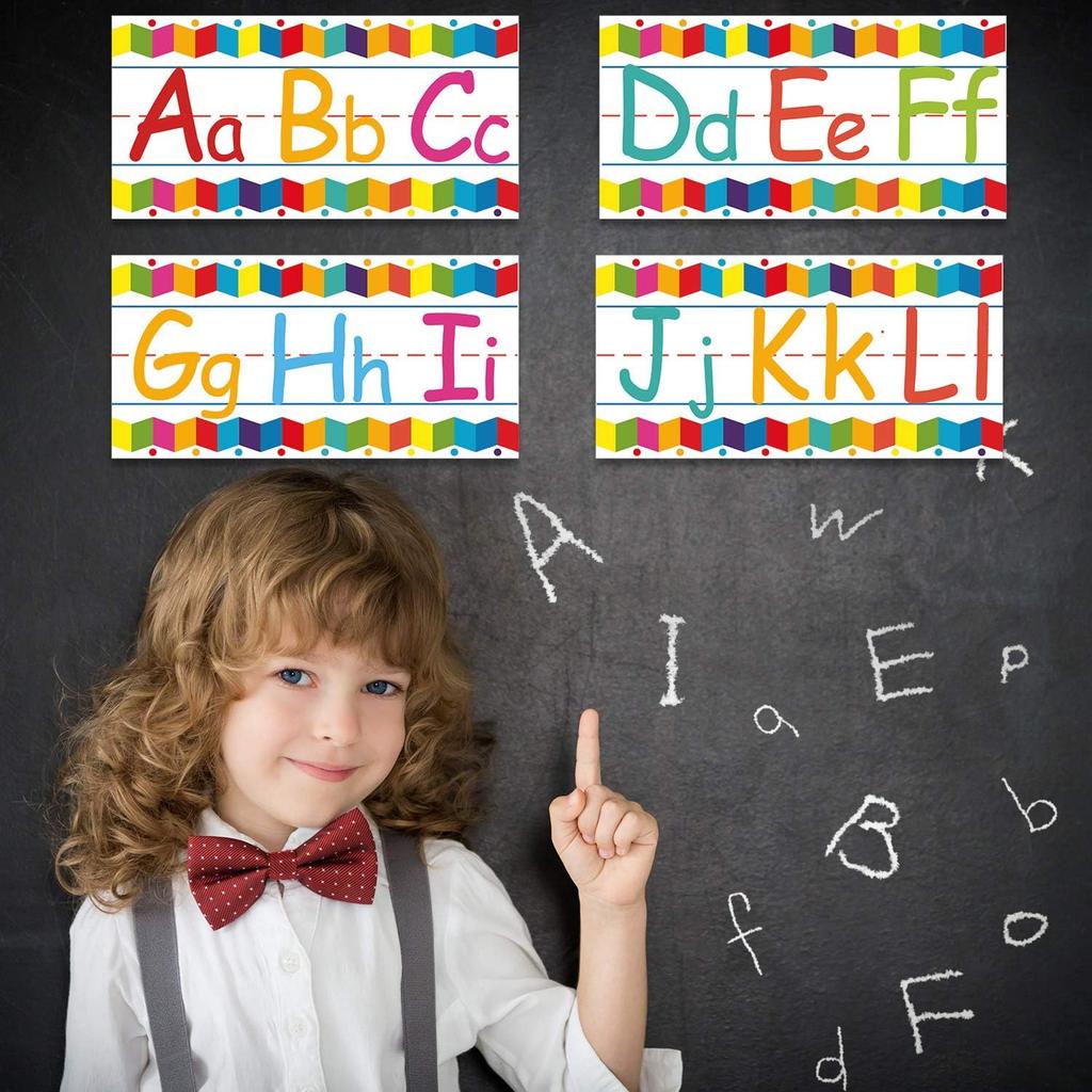 Outus 12 Pcs Alphabet Bulletin Board Strips Set Alphabet Line ABC Banner Number Line Border Posters for Classroom Wall Including Adhesive Dots for