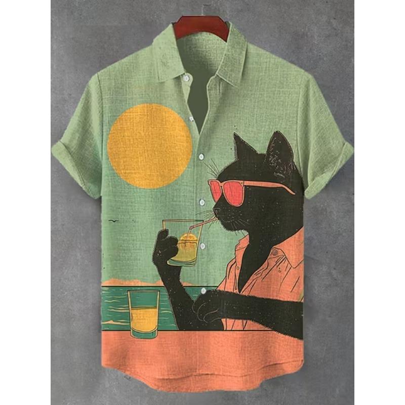 New Retro Art Men's Shirt Black Cat Riding Dinosaur Gun Calligraphy Print Lapel Short Sleeve Linen Fabric Street Trend Mens Wear
