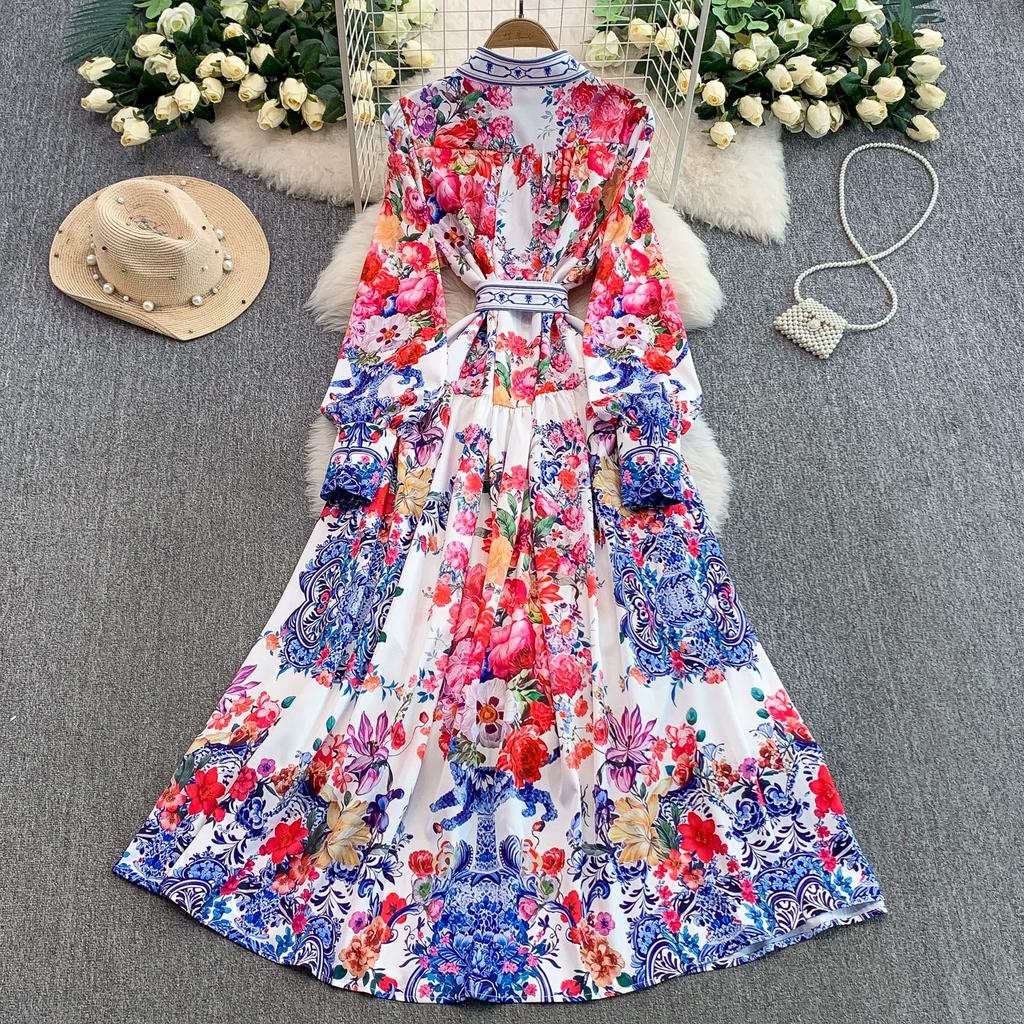 Frühling Herbst Damen Vintage Print Designer Laufstegkleid Übergroß Locker Einreihig Lang Maxi Partykleid für Abschlussfeier