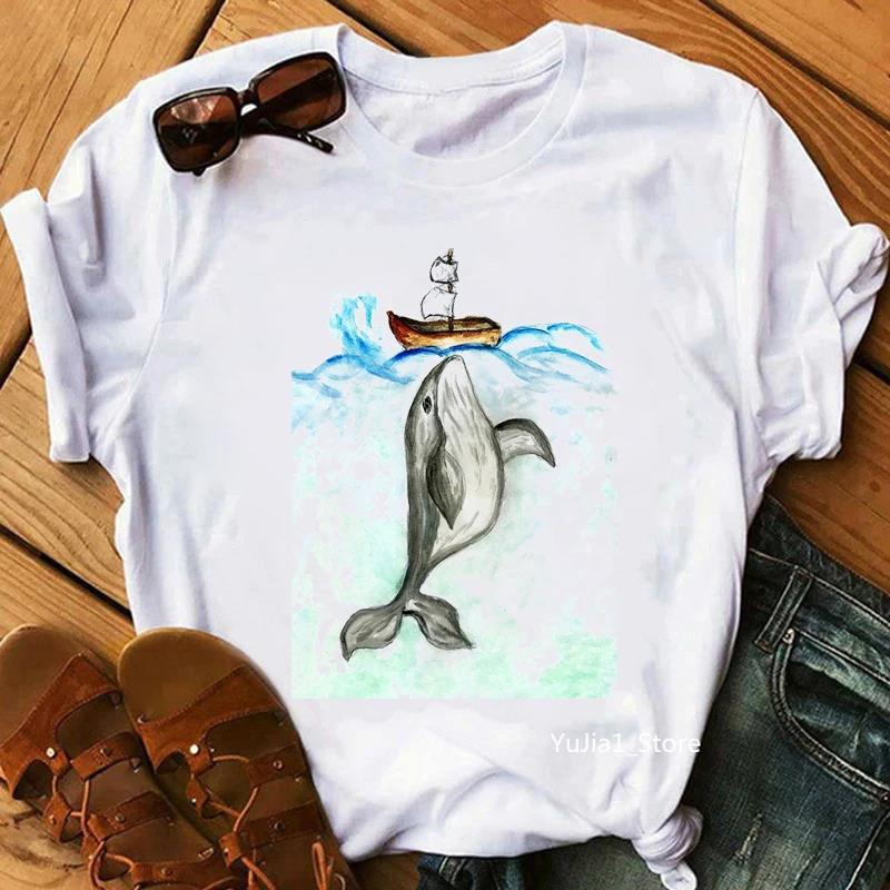 Wen Whale Printed Short Sleeved Tshirt White Watercolor Painting Faith Casual Versatile Neutral Top Home Casual Clothing