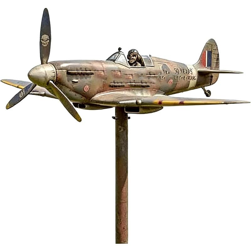 Garden Wind Spinner, Green Tractor Motocycle Fighter Jet Windmill Stake with Rotating Wheels for Patio Yard Garden,Unique Outdoor Sculptures Ornament