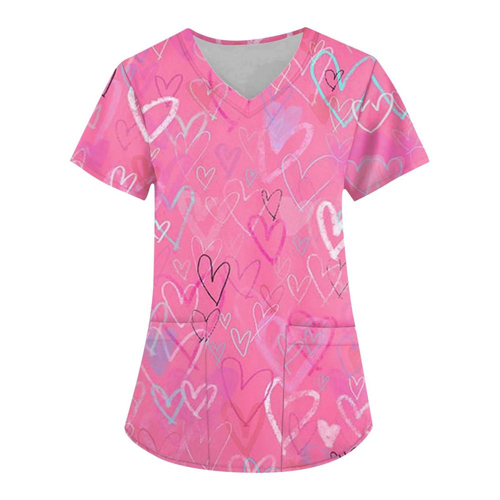 Nurse Uniform Love Heart Print Pocket V-Neck Nursing Scrubs Tops Workwear Women's T-shirts