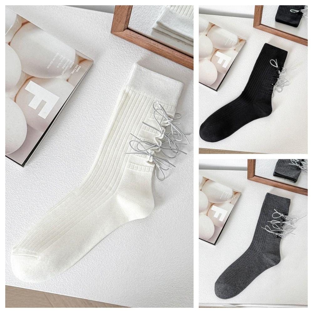Ballet Style Mid Calf Socks Solid Color Ripped Lacing Socks Cotton Socks for Women  Student