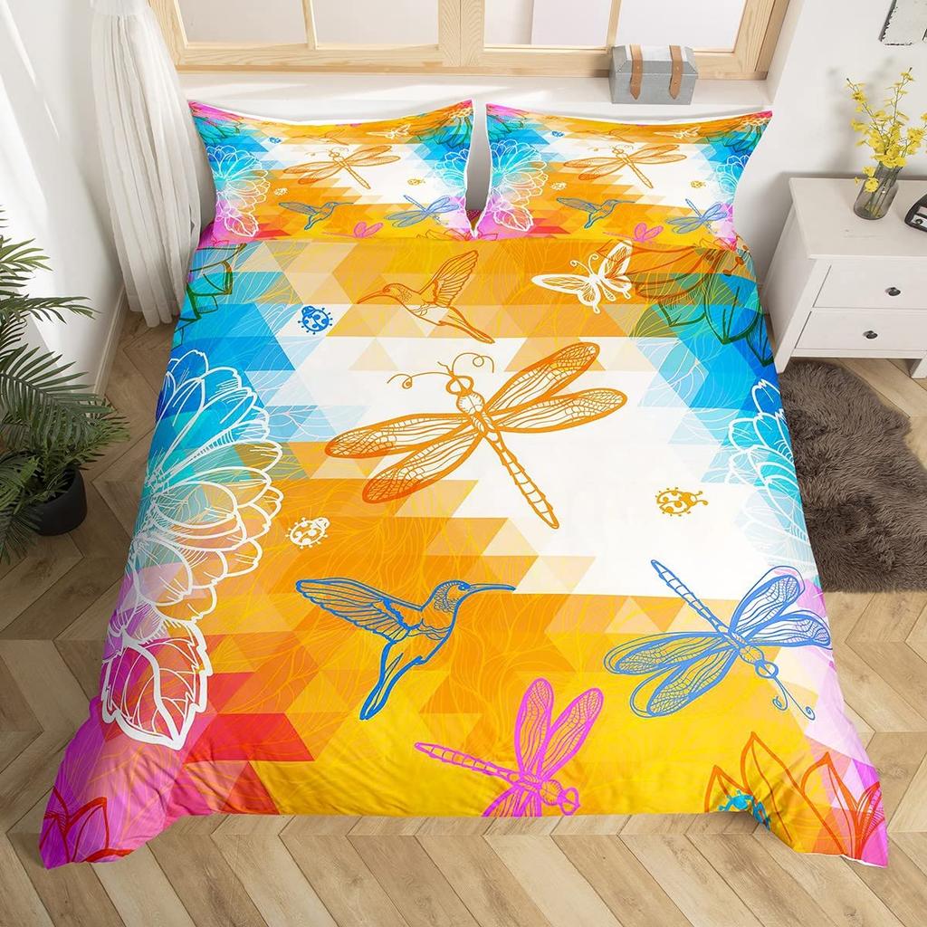 Schmetterling Libellen Bettbezug Set Löwenzahn Bettwäsche Set Libelle Geschenk für Frauen Mädchen,Blumen Botanisch Unkraut Bettdeckenbezug