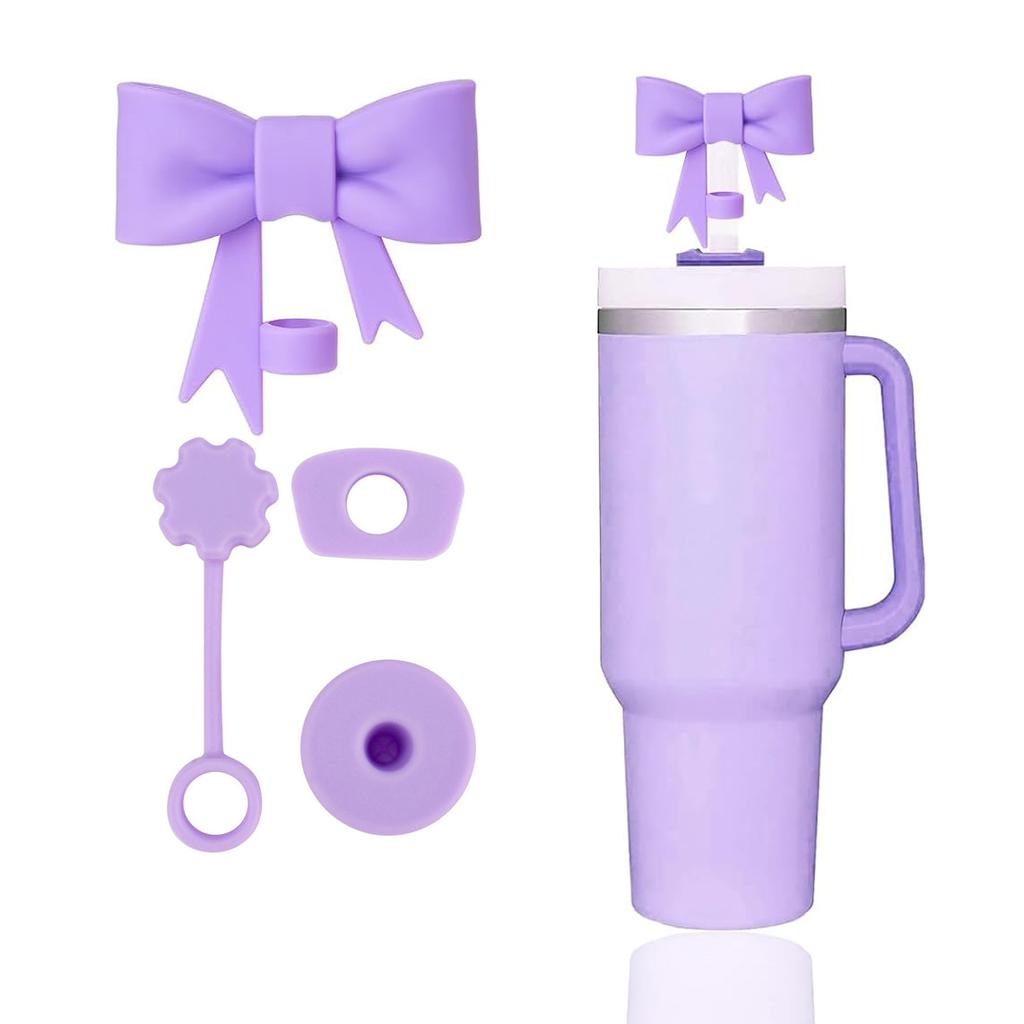 4Pcs Pink Bow Straw Covers Cap Toppers for Stanley Cup Accessories 30&40 oz Tumbler Reusable Silicone Spill Proof Stopper