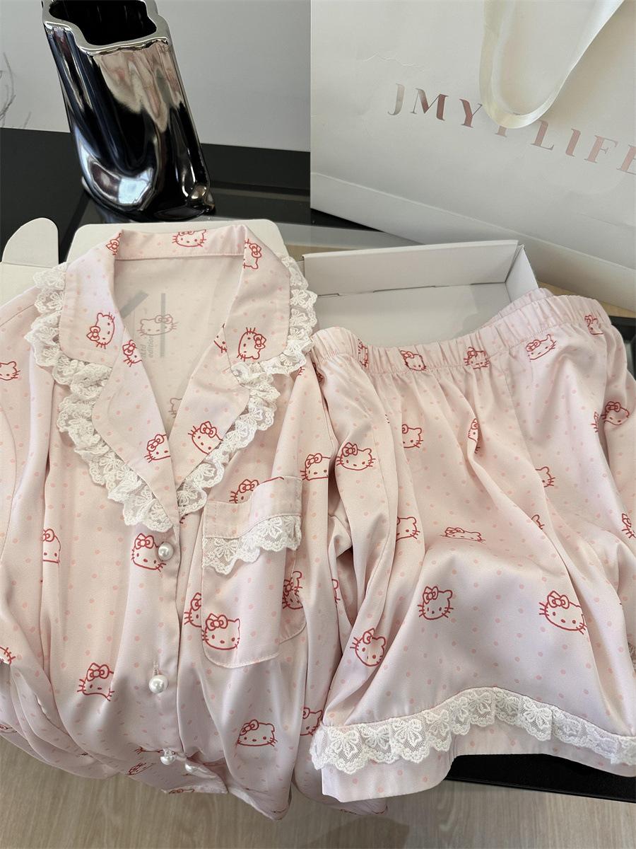 Pink polka dot Hello Kitty pajamas women s summer lace short-sleeved shorts set women s high-end loungewear S
