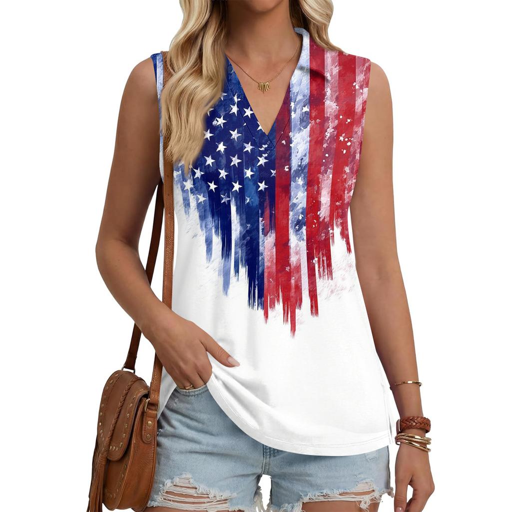 Women Sleeveless Button Front Vest Independence Day Print V Neck Collar Casual Fashion Tank Top