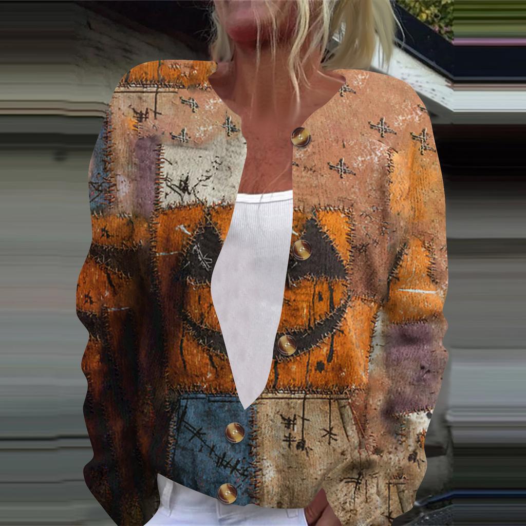 Women's Fashion Printed Long Sleeve Knitted Cardigan Button Down Jacket