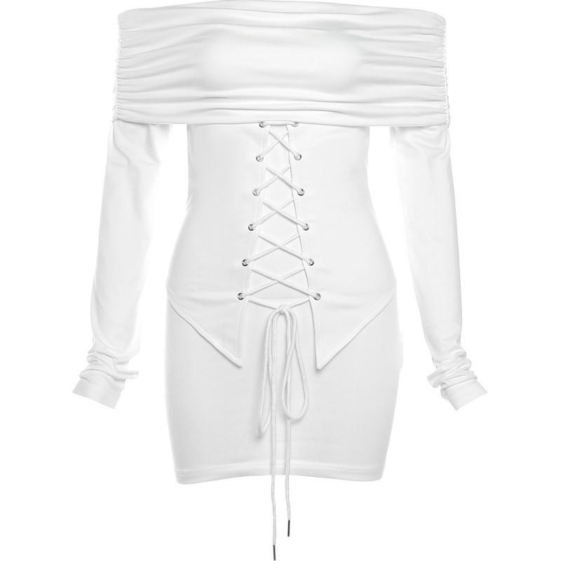 Pure desire Spice Girl style strap waist one-word shoulder long-sleeved dress women's autumn new slim-fitting sexy hip-wrapped short dress