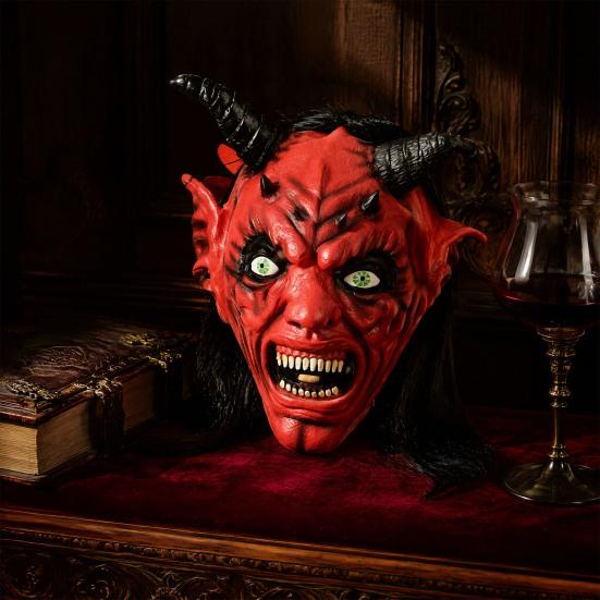 Evil Demon Mask for Cosplay Halloween Satan Devil Mask, Realistic Full Head Latex Costume with Long Horror Movie Character Headgear Horns And