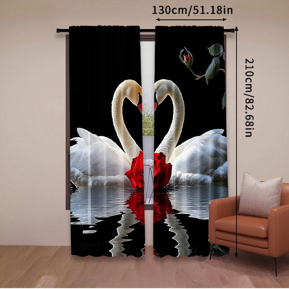 2Pcs Red Rose Curtain White Swan Birds Romantic Flower Wild Animals Happy Valentine'S Day For Bedroom Living Room Dining Room