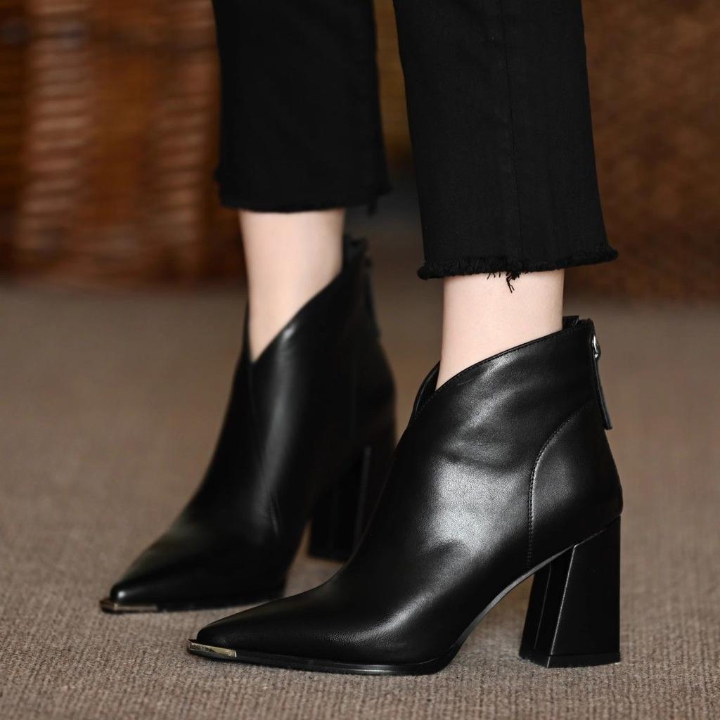 French Black High-heeled Short Boots Women's 2025 Autumn and Winter New Single Shoes Huge Comfort Thick Heel Pointed Martin Boots Thin Boots