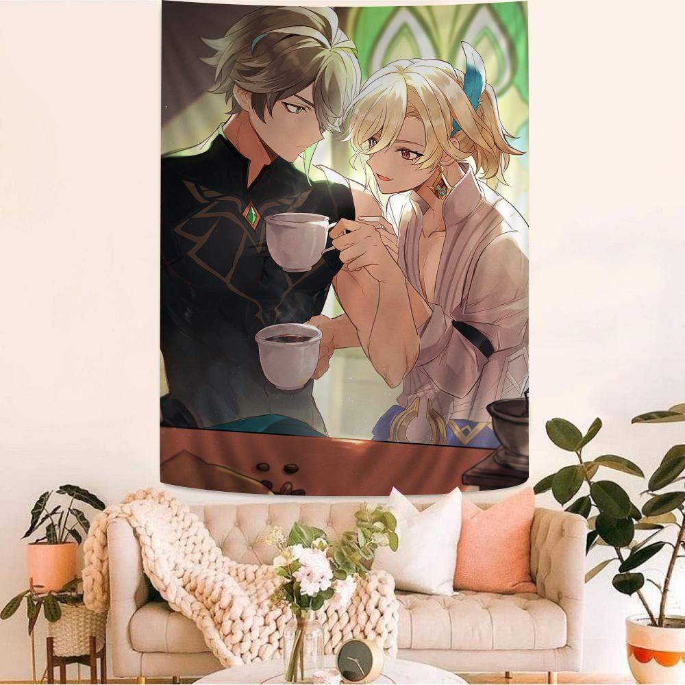 Genshin Impact Kaveh Alhaitham Anime Tapestry Hippie Flower Wall Carpets Dorm Decor Cheap Hippie Wall Hanging 74x94cm(29x37in)