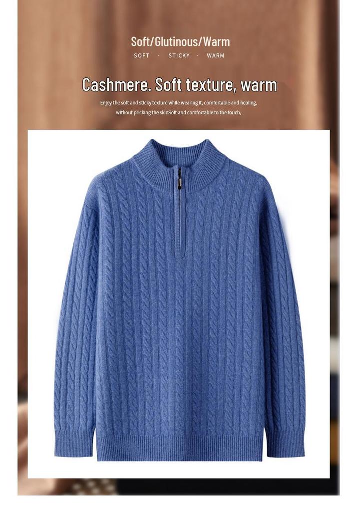 Men's 2024 Autumn/Winter Zippered Cashmere Sweater - Half-High Collar, Thick Cable Knit, Loose Plus Size