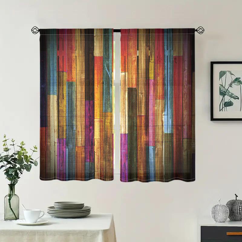 2 Pieces, Room Decoration Colored Wooden Board Printed Curtains, Living Room Bedroom Home Decoration Curtains