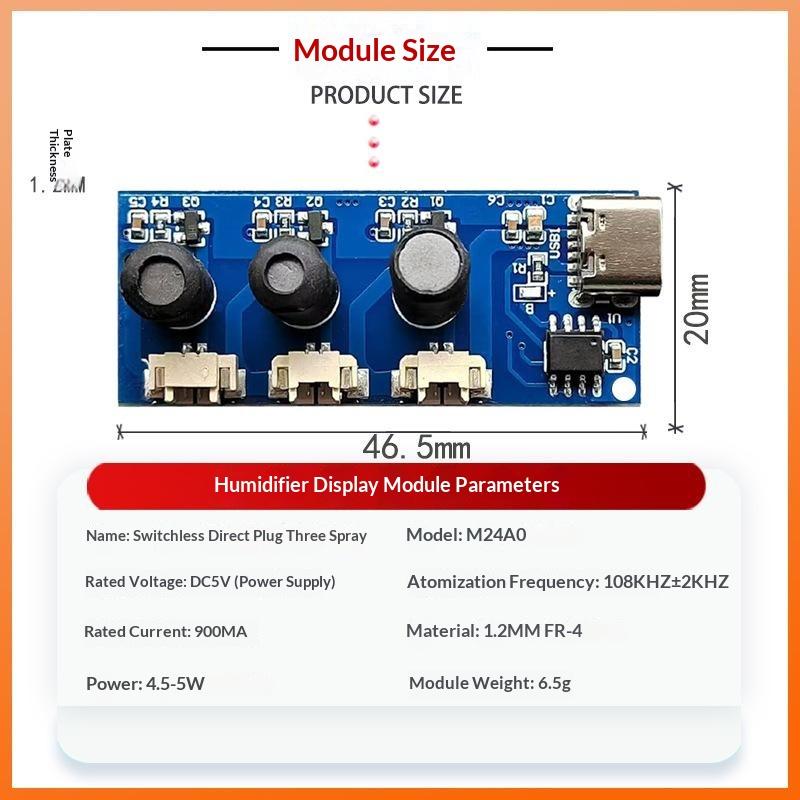 1*Circuit Board DC 5V Single Module Three Spray Electrified Direct Spray No Switch Ultrasonic Atomizer Humidifier Module Type C