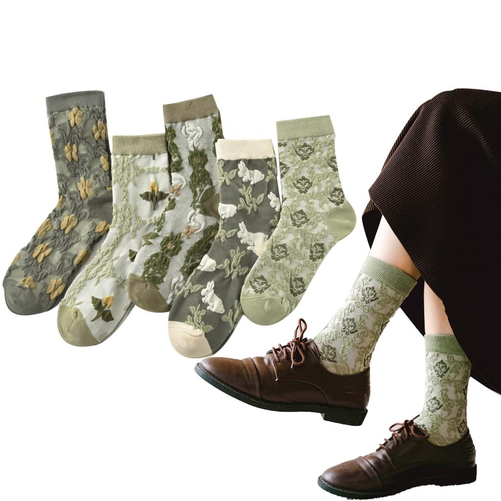 Junerose Set of Cute Floral Embroidered Cotton Crew Suitable for All Sizes Size E Women's 5-Pair Socks, Breathable, Anti-Odor, Stay-Stuck, Stylish,