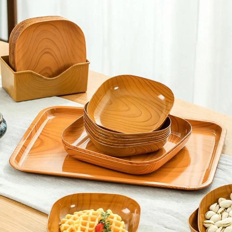 Kitchen Wood Grain Plastic Square Plate Japanese Simple Wood Grain Dish Set For Tableware Kitchen Bowl Dish Dinnerware