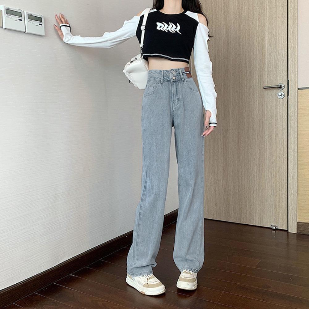 

Personalized high waist wide legs double buckle jeans women s loose drape 2025 new thin floor mopping jeans 2XL светло-синий