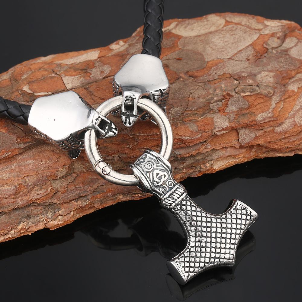 Colier cu pandantiv cu ciocanul lui Thor nordic viking cap de lup din oțel inoxidabil Bijuterii pentru bărbați