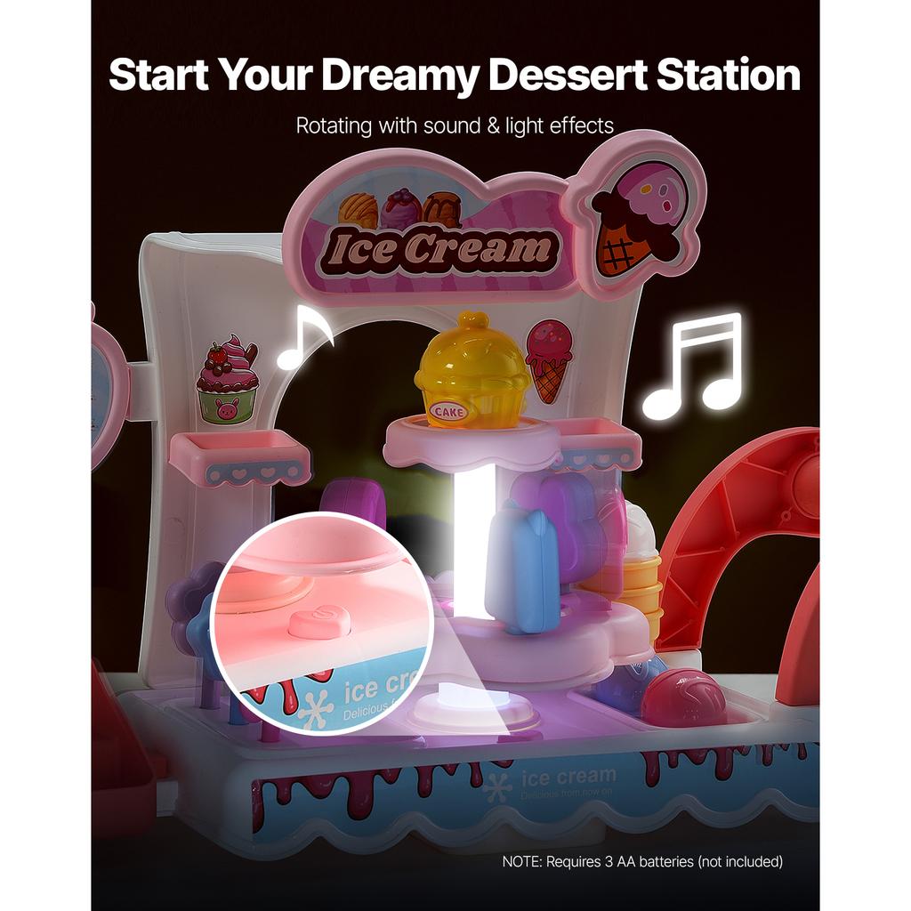 SucceBuy Pink Kids Ice Cream Cart Pretend Play Store Dolly with Sound & Light Effect Montessori Educational Toys for Children
