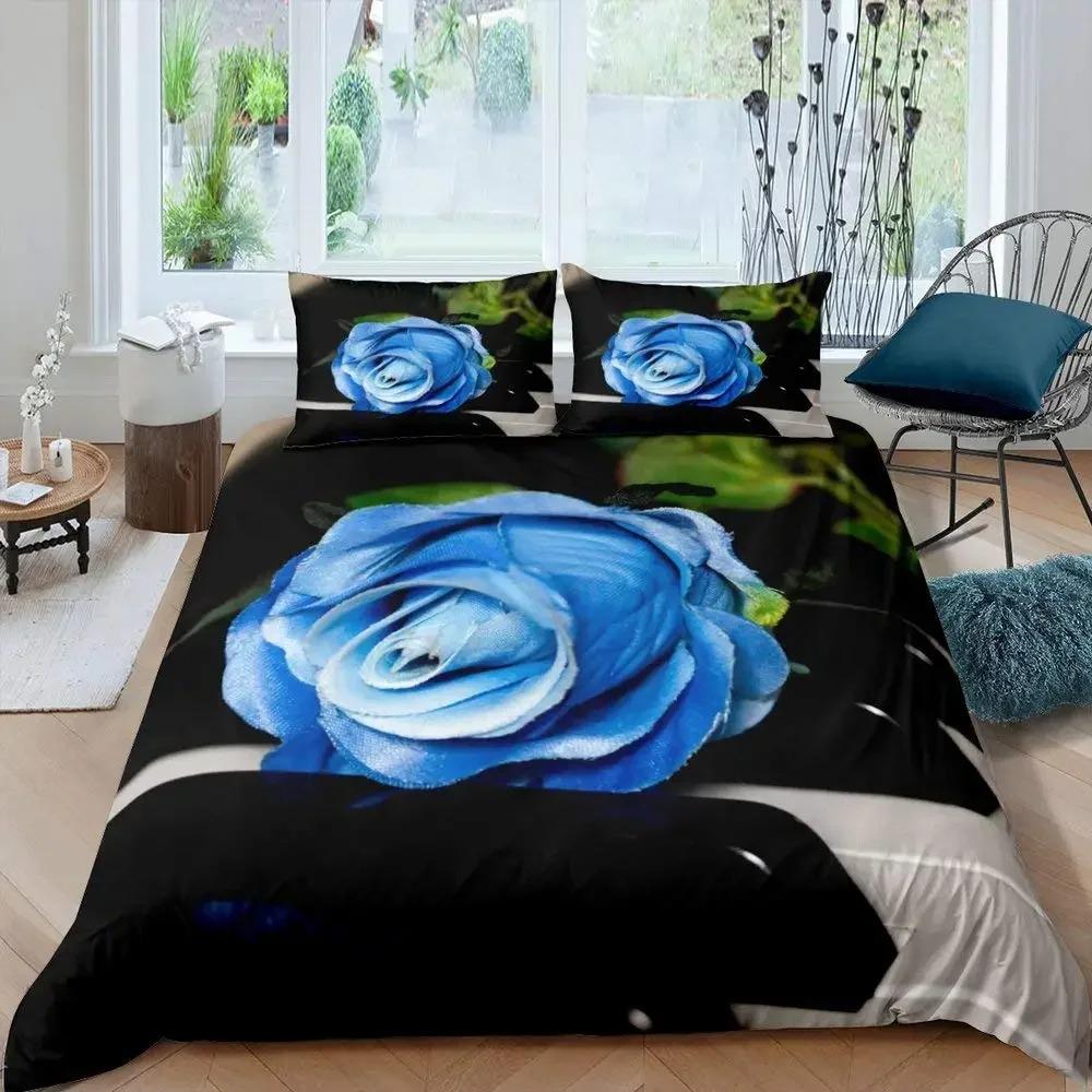Blue Rose Floral King Queen Duvet Cover 3D Blossom Flowers Bedding Set Valentine's Day Quilt Cover Botanical Comforter Cover