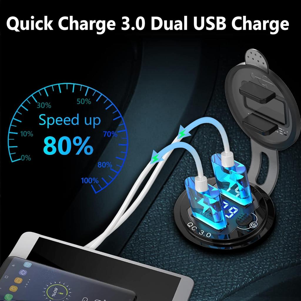 [Metal Shell] 12V USB Outlet Dual QC 3.0: Qidoe Aluminum Socket 12 Volt Motorcycle USB Outlet with LED Voltmeter Button Switch Waterproof 12 V Car
