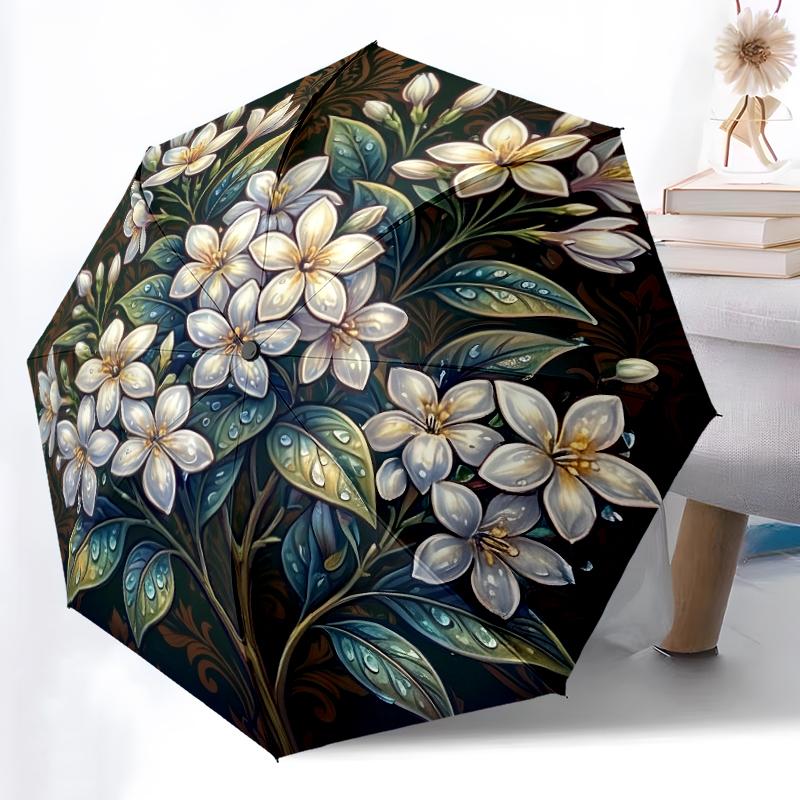 

1pc Sturdy 8-Bone Auto Umbrella, Luxe Botanical Yin Yang Umbrella, Digital Printed, Foldable Umbrella for On-the-Go Outdoor Use