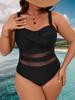 Women's Black Mesh Cutout Tummy Control One-Piece Swimsuit - Slimming Plus Size