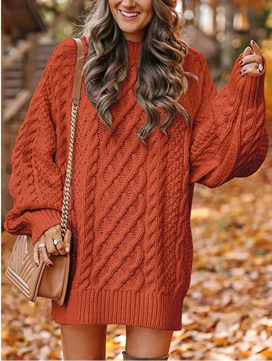 European & American Women's Oversized Cable Knit Sweater Dress - Round Neck, Long Sleeve, Mid-Length, Warm