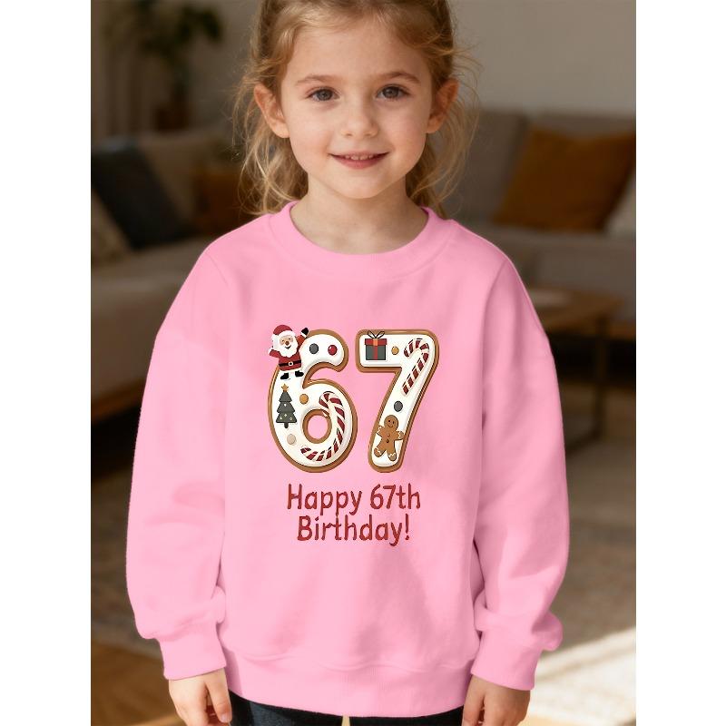 Kids Unisex Crewneck Sweatshirt, Christmas Gingerbread Number 67 Happy 67th Birthday Print Xmas Gift Soft Pullover For Boys Girls Over 4 Years Old