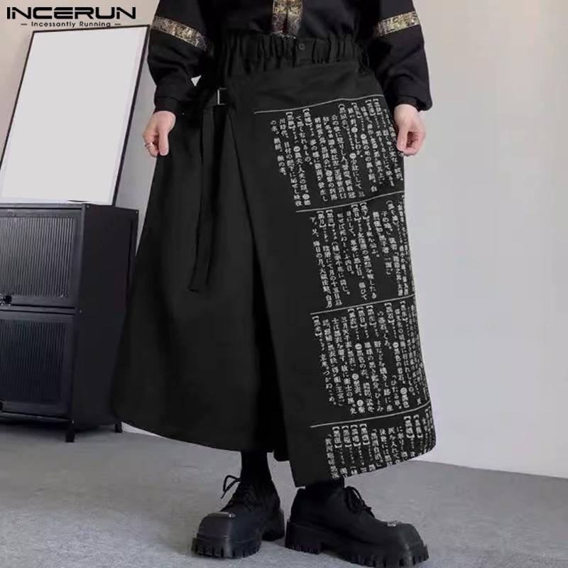 INCERUN Men Print Gothic Pleated Apron Style Irregular Layers Skirt Pants