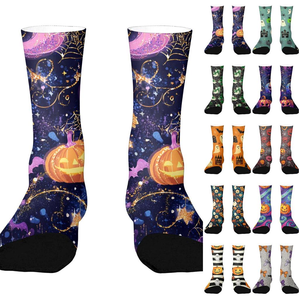 Unisex Breathable Mid-Calf Socks Halloween Print Comfortable Stretchy Crew Socks Suitable for Everyday Wear and Seasonal Use