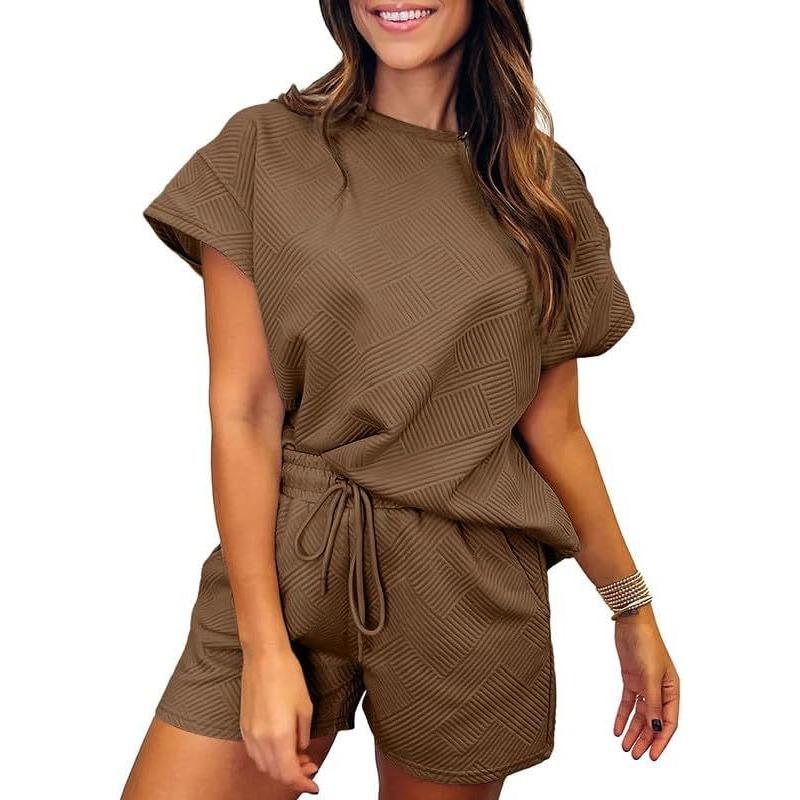 YYFS Moda dame ocazional vară primăvară culoare uni imprimeu mâneci scurte cu gâtul O pantaloni pantaloni costume