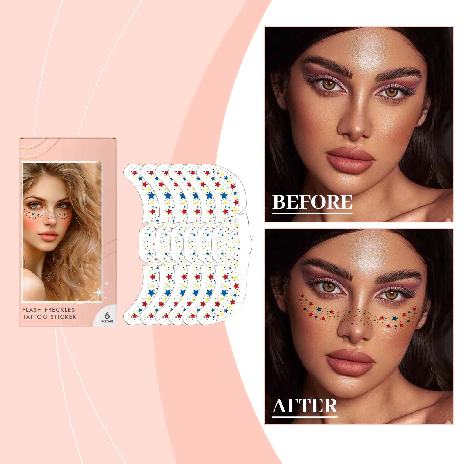 

Блестящая наклейка-веснушка подходит для всех типов кожи. Он украшен звездами и бывает трех цветов: Красный, И Синий. Это празднично One Size