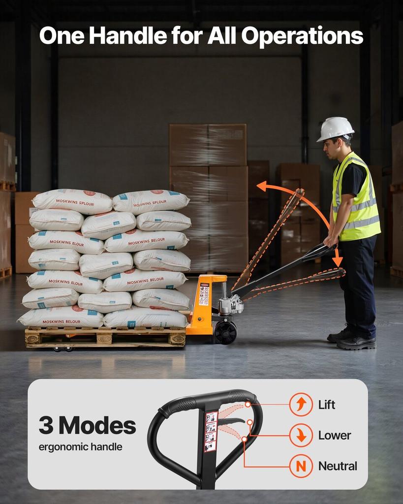 Pallet Jack, 2.5T Load Capacity, Manual Pallet Truck with 122L x 68.6W cm Forks for Material Handling, 85-180 mm Fork Lift Height Range, Suitable for