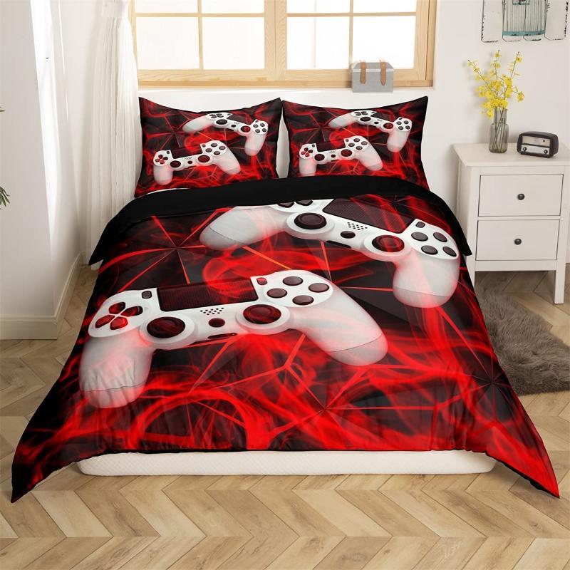 Gaming Duvet Cover Set King Red Honeycomb Printed Bedding Set Polyester Game Red And Black Novelty Gamepad Joysticks Quilt Cover