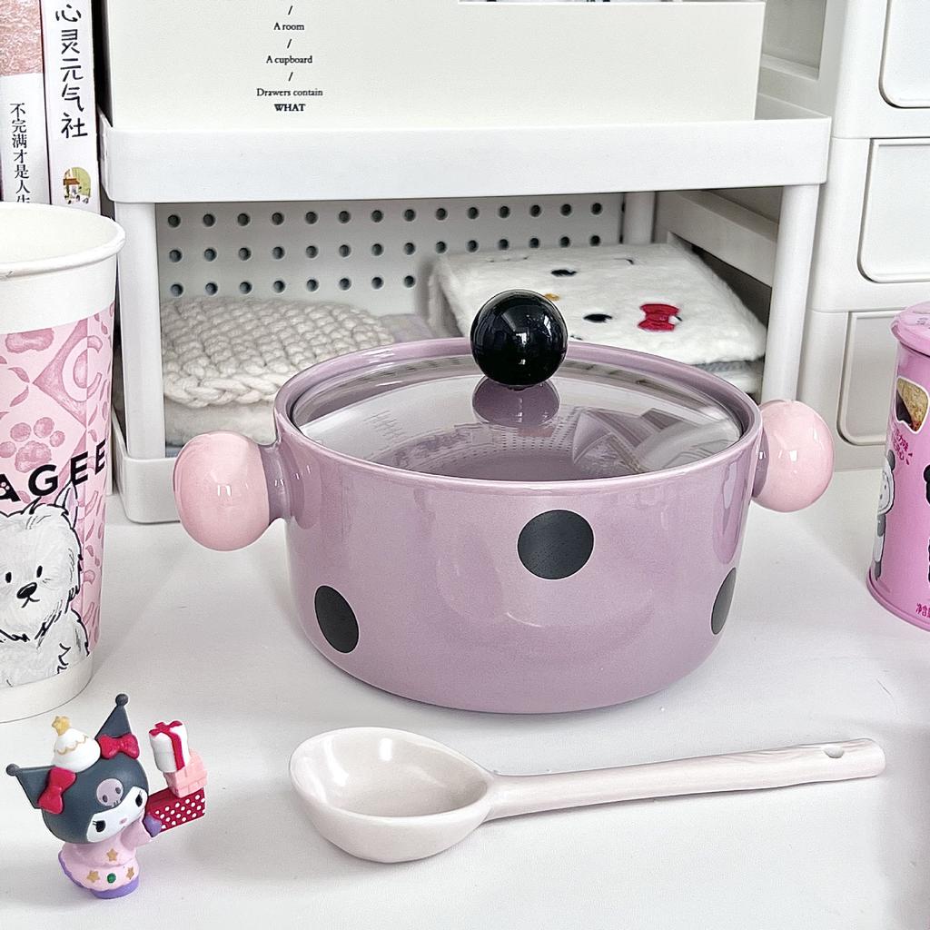Give Girls Birthday Gifts, Cute Contrasting Colors, Polka Dots, Ceramic Instant Noodles Bowl with Lid, Girlfriend Practical Souvenir Gift Box.