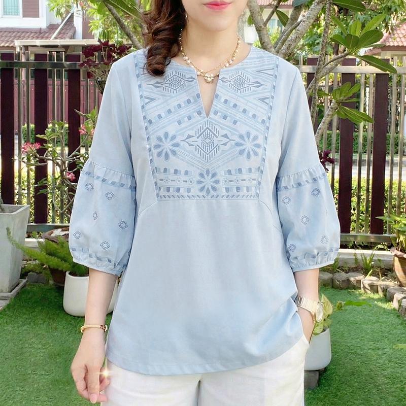 ZANZEA Womens Casual V-Neck 3/4 Sleeve Loose Print Blouse