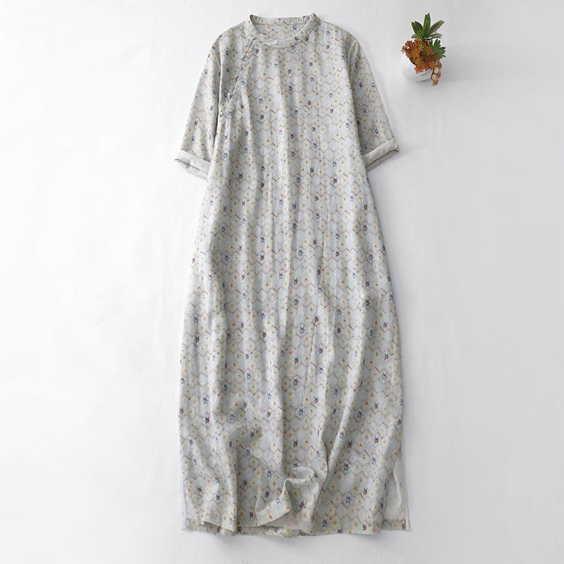 

Летнее платье 2025 года с воротником-стойкой, рукавом три четверти, принтом, из хлопка и льна, женское, в стиле ретро, улучшенный ципао в стиле дзен 2XL