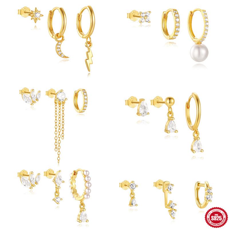 

S925 Silver Earrings Temperament High Sense Star Moon Lightning Octagram Asymmetric Pearl Fringed Earrings Set 925 Silver