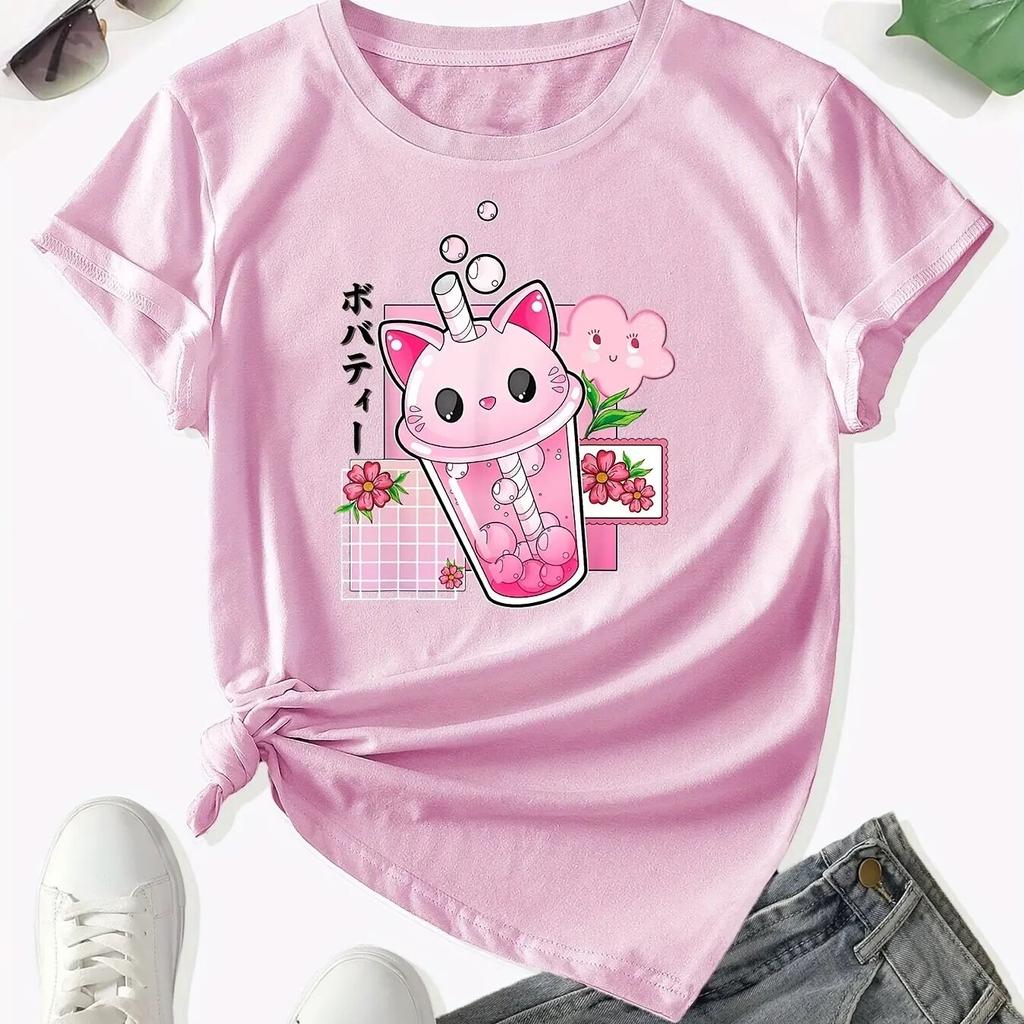 Boba Tea Cat Bubble Print T-Shirt, Kawaii Crew Neck Short Sleeve T-Shirt For Spring & Summer, WoUnisex Clothing Unisex