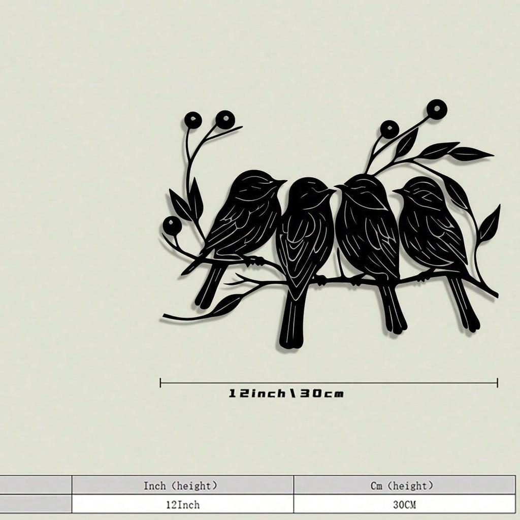 Vintage Iron Bird Branch Wall Art, 5 Birds & Berries Black Silhouette for Home Garden Balcony Decor