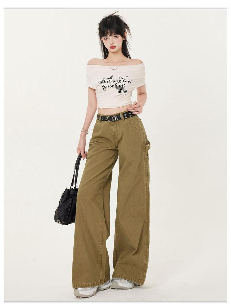 Women's Low Rise Retro Curved Blade Jeans - High Street Style, Loose Fit, Wide Leg, Casual.