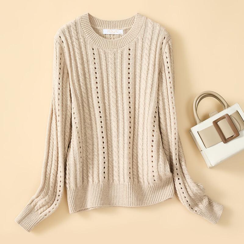 Women's Thickened Wool Blend Pullover Sweater - Round Neck, Hollow-out Knit