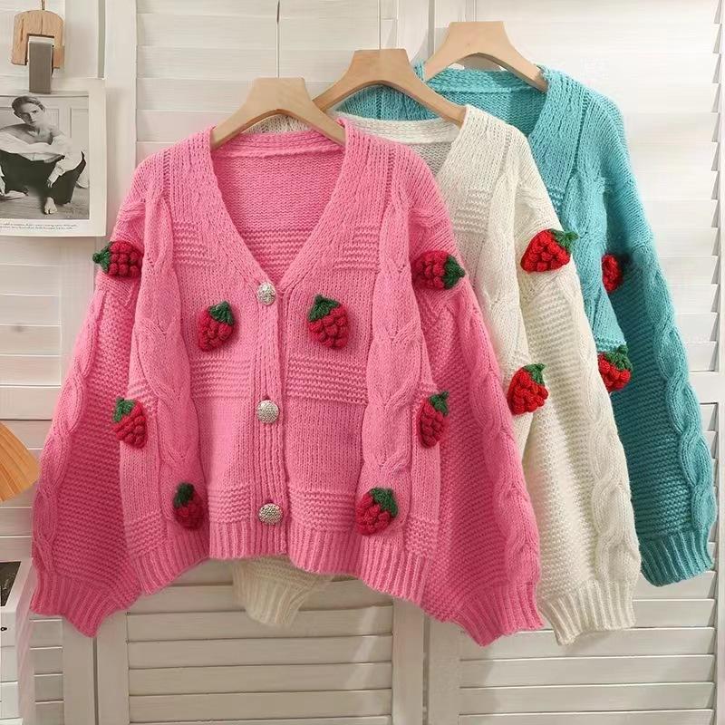 Donna Autunno Inverno Monocolore Fragola Casual Scollo a V Top Manica Lunga Maglieria Maglione a Maglia Cardigan