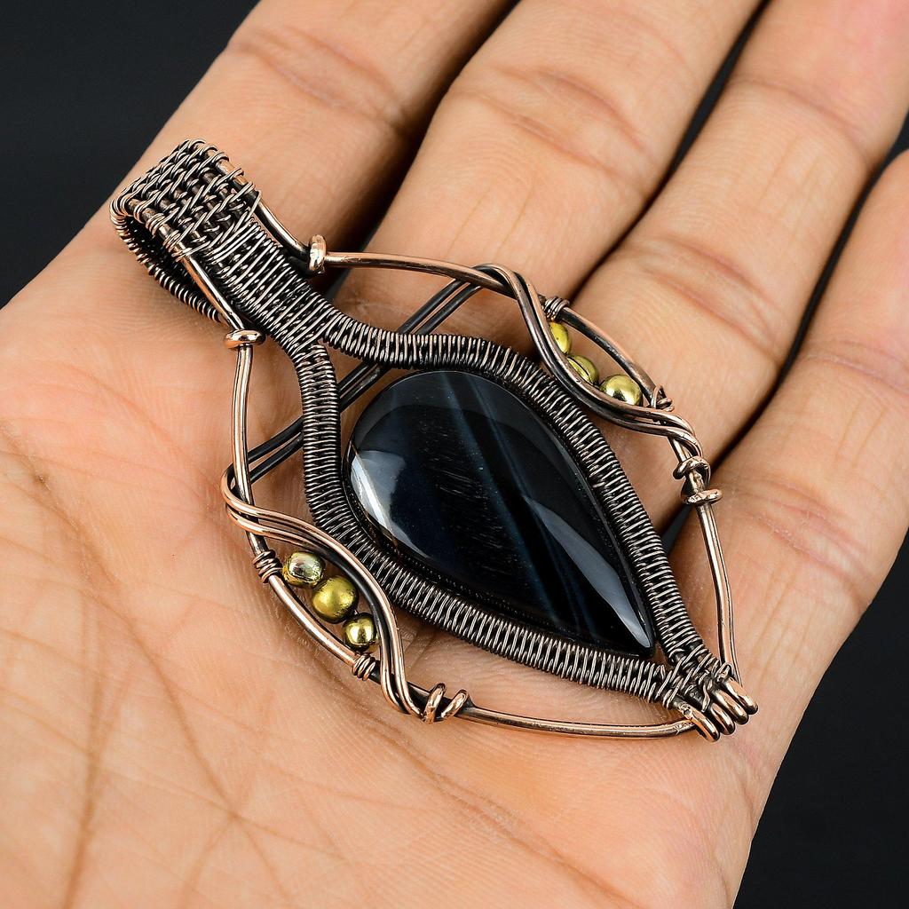 Blue Tiger Eye Pendant, 999 Copper Wire Wrapped Pendant Jewelry. Gift For Women Handmade Pendant Gemstone Jewelry