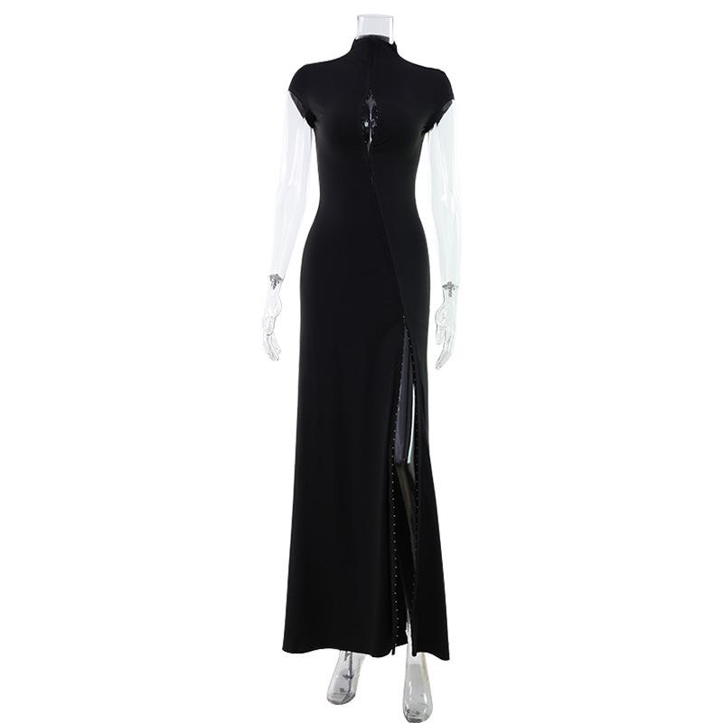 Women Black Deep V Neck Short Sleeve Side Slit Bodycon Long Evening Dress S