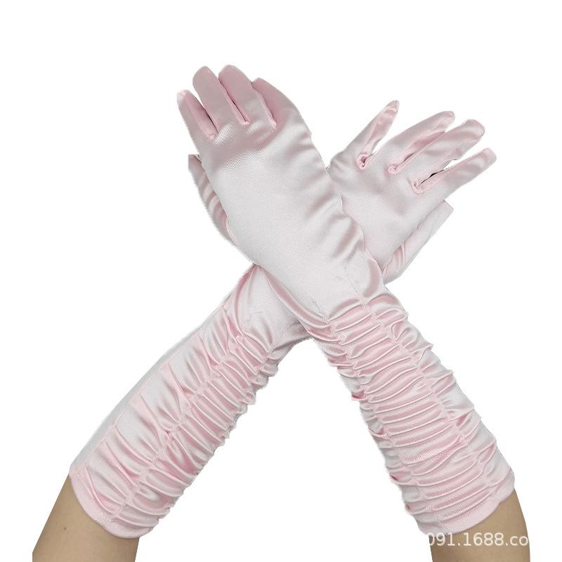 Luvas de Noiva para Casamento Senhoras Enrugadas Vestido para Apresentação de Palco Luvas de Casamento Luvas de Cetim