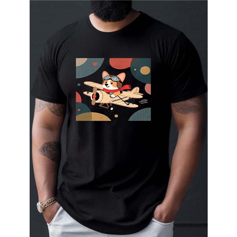 

European sizes Men S T-Shirt Featuring a Flying Corgi Cartoon Design, Short-Sleeved with an Airplane Motif, Stylish Print Tee for Casual Everyday Wear 4XL чорний